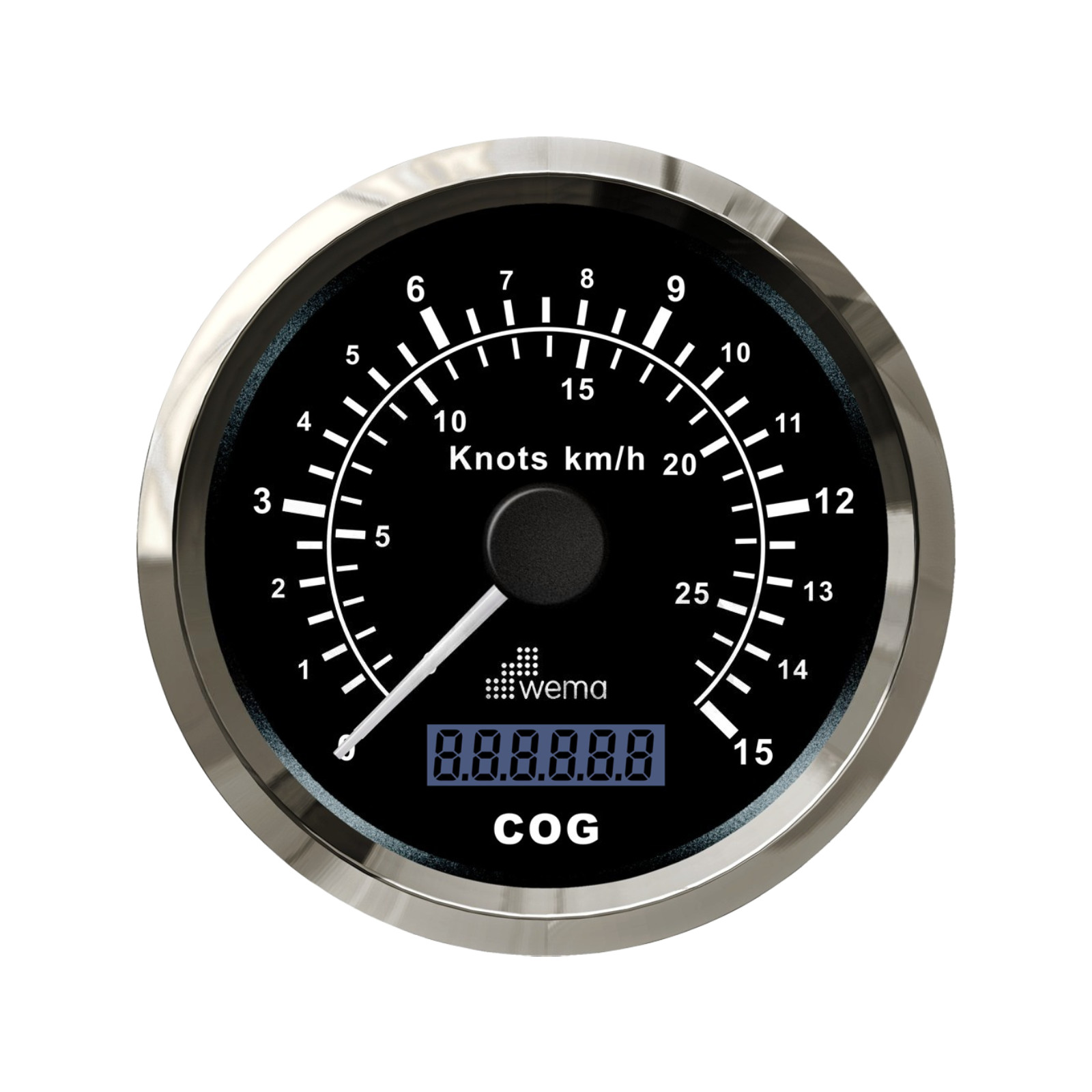 Analogowy prędkościomierz GPS 85 mm 15 węzłów srebrno-czarny Wema