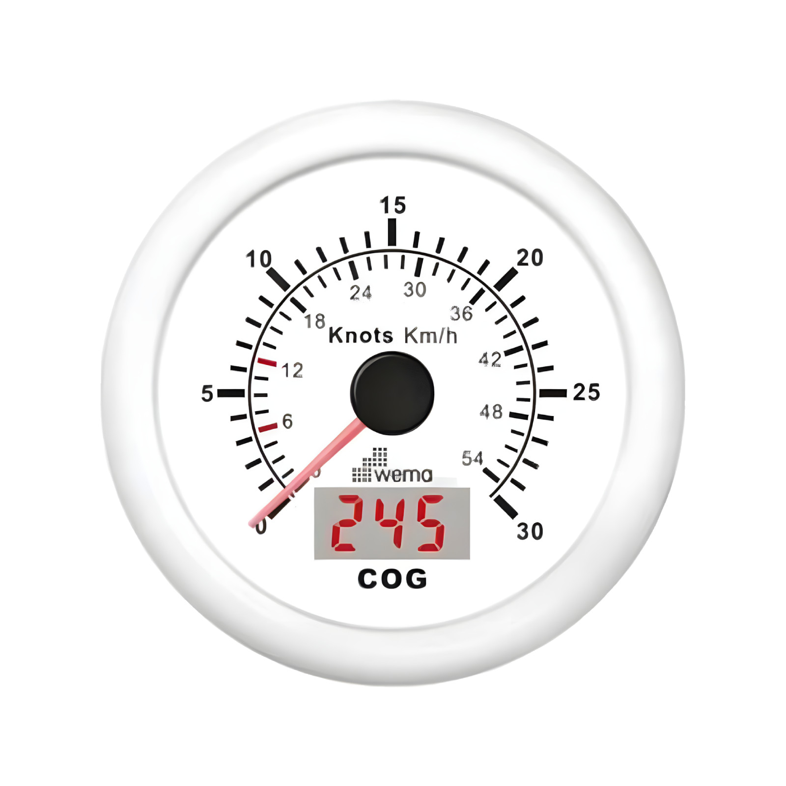 Biały analogowy prędkościomierz GPS 85 mm 30 węzłów, wersja kanałowa