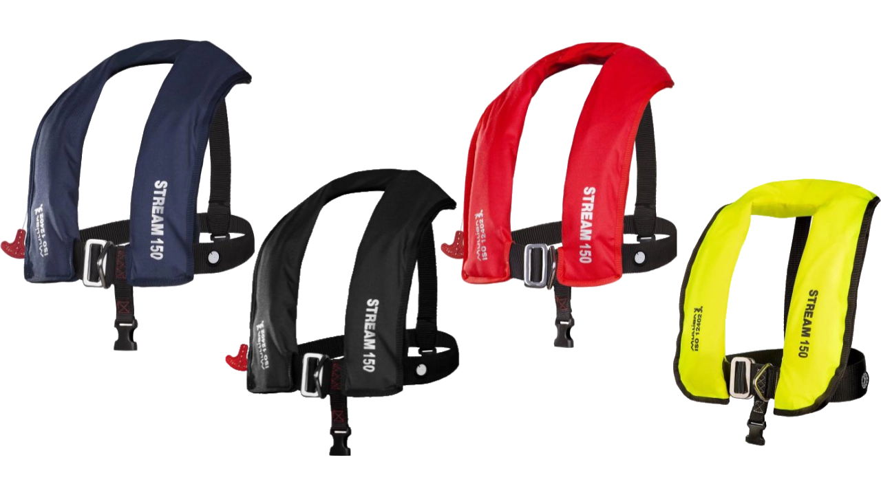 Пневматичні рятувальні жилети Mullion Stream 150N у темно-синьому, чорному, червоному та жовтому кольорах